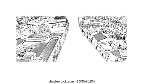 Building view with landmark of Faro is the capital of southern Portugal’s Algarve region. Hand drawn sketch illustration in vector.