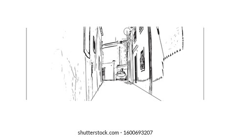 Building view with landmark of Faro is the capital of southern Portugal’s Algarve region. Hand drawn sketch illustration in vector.