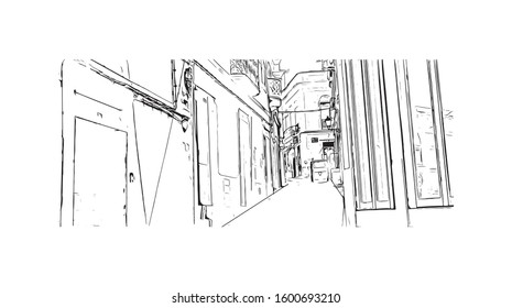 Building view with landmark of Faro is the capital of southern Portugal’s Algarve region. Hand drawn sketch illustration in vector.