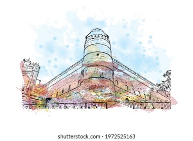 Building view with landmark of Fatehpur is the city in India. Watercolor splash with hand drawn sketch illustration in vector.