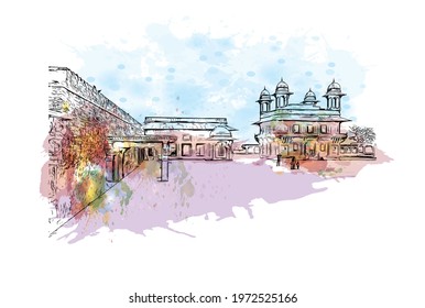 Building view with landmark of Fatehpur is the city in India. Watercolor splash with hand drawn sketch illustration in vector.