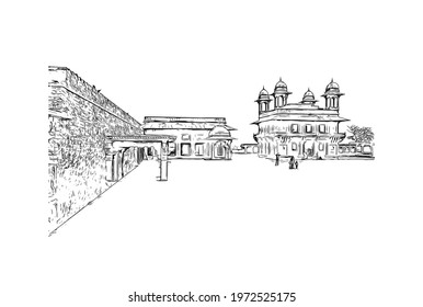 Building view with landmark of Fatehpur is the city in India.Hand drawn sketch illustration in vector.