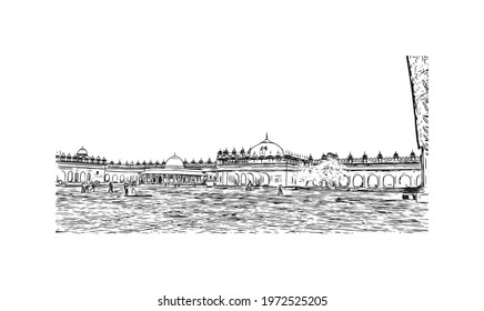 Building view with landmark of Fatehpur is the city in India.Hand drawn sketch illustration in vector.