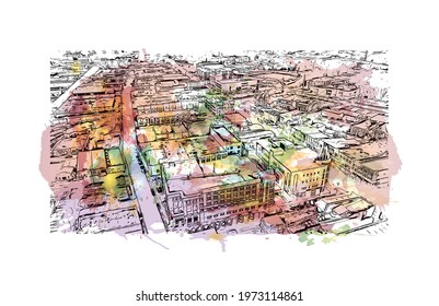 Building view with landmark of Fayetteville is a city in North Carolina. Watercolor splash with hand drawn sketch illustration in vector.