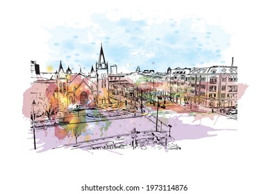 Building view with landmark of Fayetteville is a city in North Carolina. Watercolor splash with hand drawn sketch illustration in vector.