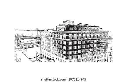 Building view with landmark of Fayetteville is a city in North Carolina. Hand drawn sketch illustration in vector.