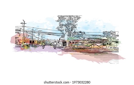 Building view with landmark of Feira de Santana is a city in Brazil. Watercolor splash with hand drawn sketch illustration in vector.