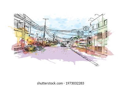Building view with landmark of Feira de Santana is a city in Brazil. Watercolor splash with hand drawn sketch illustration in vector.