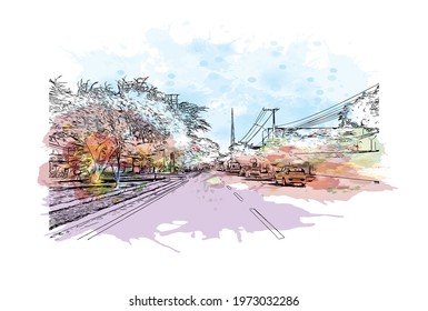 Building view with landmark of Feira de Santana is a city in Brazil. Watercolor splash with hand drawn sketch illustration in vector.