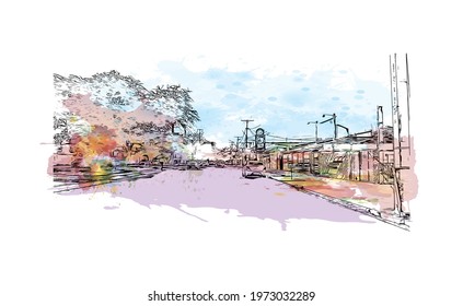 Building view with landmark of Feira de Santana is a city in Brazil. Watercolor splash with hand drawn sketch illustration in vector.