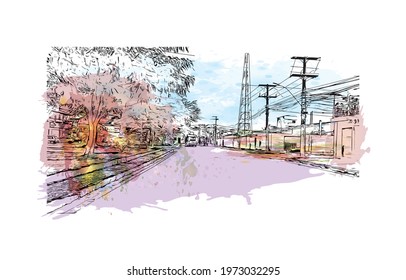 Building view with landmark of Feira de Santana is a city in Brazil. Watercolor splash with hand drawn sketch illustration in vector.