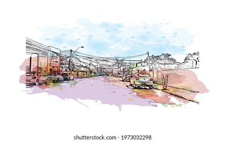 Building view with landmark of Feira de Santana is a city in Brazil. Watercolor splash with hand drawn sketch illustration in vector.