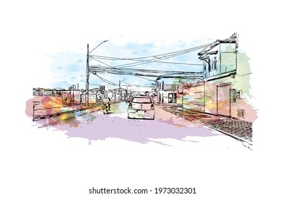 Building view with landmark of Feira de Santana is a city in Brazil. Watercolor splash with hand drawn sketch illustration in vector.