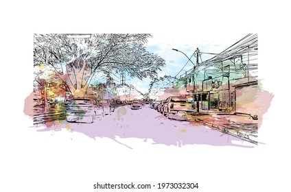 Building view with landmark of Feira de Santana is a city in Brazil. Watercolor splash with hand drawn sketch illustration in vector.