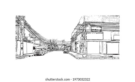 Building view with landmark of Feira de Santana is a city in Brazil. Hand drawn sketch illustration in vector.