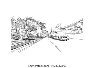 Building view with landmark of Feira de Santana is a city in Brazil. Hand drawn sketch illustration in vector.