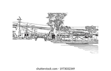 Building view with landmark of Feira de Santana is a city in Brazil. Hand drawn sketch illustration in vector.