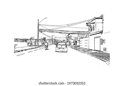 Building view with landmark of Feira de Santana is a city in Brazil. Hand drawn sketch illustration in vector.