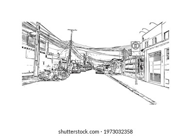 Building view with landmark of Feira de Santana is a city in Brazil. Hand drawn sketch illustration in vector.