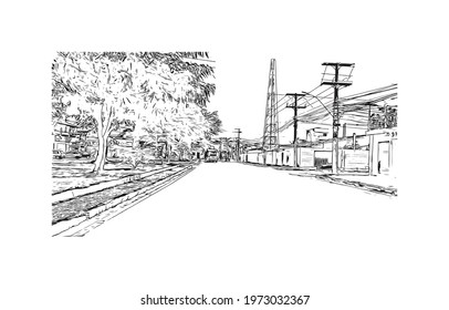 Building view with landmark of Feira de Santana is a city in Brazil. Hand drawn sketch illustration in vector.