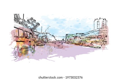 Building view with landmark of Feira de Santana is a city in Brazil. Watercolor splash with hand drawn sketch illustration in vector.