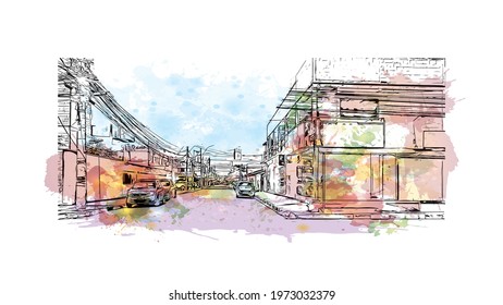 Building view with landmark of Feira de Santana is a city in Brazil. Watercolor splash with hand drawn sketch illustration in vector.