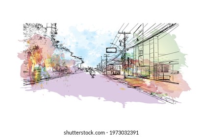 Building view with landmark of Feira de Santana is a city in Brazil. Watercolor splash with hand drawn sketch illustration in vector.