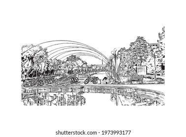 Building view with landmark of Fergana is the 
city in Uzbekistan. Hand drawn sketch illustration in vector.