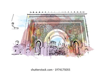 Building view with landmark of Fes is the 
city in Morocco. Watercolor splash with hand drawn sketch illustration in vector.