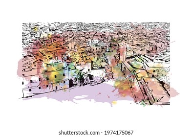Building view with landmark of Fes is the 
city in Morocco. Watercolor splash with hand drawn sketch illustration in vector.