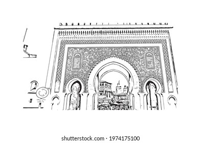 Building view with landmark of Fes is the 
city in Morocco. Hand drawn sketch illustration in vector.