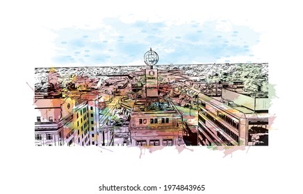 building view with landmark of Flint is the largest city of Michigan. Watercolor splash with hand drawn sketch illustration in vector.