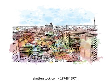 building view with landmark of Flint is the largest city of Michigan. Watercolor splash with hand drawn sketch illustration in vector.