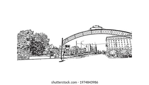 building view with landmark of Flint is the largest city of Michigan. Hand drawn sketch illustration in vector.