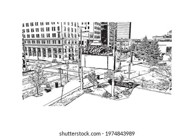 building view with landmark of Flint is the largest city of Michigan. Hand drawn sketch illustration in vector.