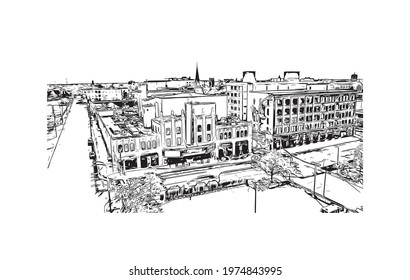 building view with landmark of Flint is the largest city of Michigan. Hand drawn sketch illustration in vector.