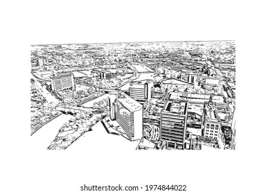 building view with landmark of Flint is the largest city of Michigan. Hand drawn sketch illustration in vector.