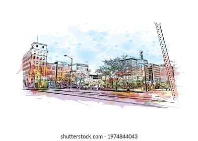 building view with landmark of Flint is the largest city of Michigan. Watercolor splash with hand drawn sketch illustration in vector.