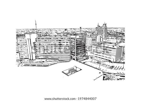 building view with\
landmark of Flint is the largest city of Michigan. Hand drawn\
sketch illustration in\
vector.