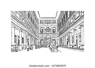 Building view with landmark of Florence is the 
city in Italy. Hand drawn sketch illustration in vector.