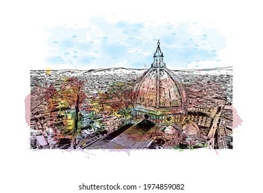 Building view with landmark of Florence is the 
city in Italy. Watercolor splash with hand drawn sketch illustration in vector.