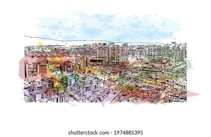 Building view with landmark of Floridablanca is the 
municipality in Colombia. Watercolor splash with hand drawn sketch illustration in vector.