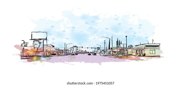 Building view with landmark of Fontana is a city in California. Watercolor splash with hand drawn sketch illustration in vector.