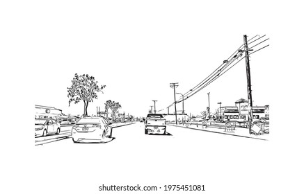 Building view with landmark of Fontana is a city in California. Hand drawn sketch illustration in vector.