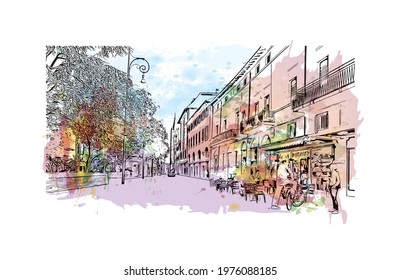 Building view with landmark of Forli is a city in Italy. Watercolor splash with hand drawn sketch illustration in vector.