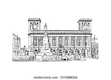 Building view with landmark of Forli is a city in Italy. Hand drawn sketch illustration in vector.