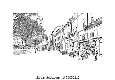 Building view with landmark of Forli is a city in Italy. Hand drawn sketch illustration in vector.