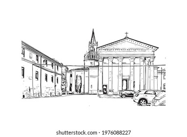 Building view with landmark of Forli is a city in Italy. Hand drawn sketch illustration in vector.