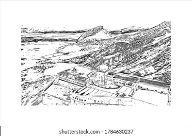 Bauansicht mit Wahrzeichen von Agrı, ehemals Karakose genannt, von der frühen türkischen Republik bis 1946.  Handgezeichnete Skizzengrafik in Vektorgrafik.