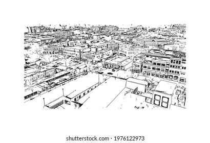 Building view with landmark of Fort Collins is a city in northern Colorado. Hand drawn sketch illustration in vector.